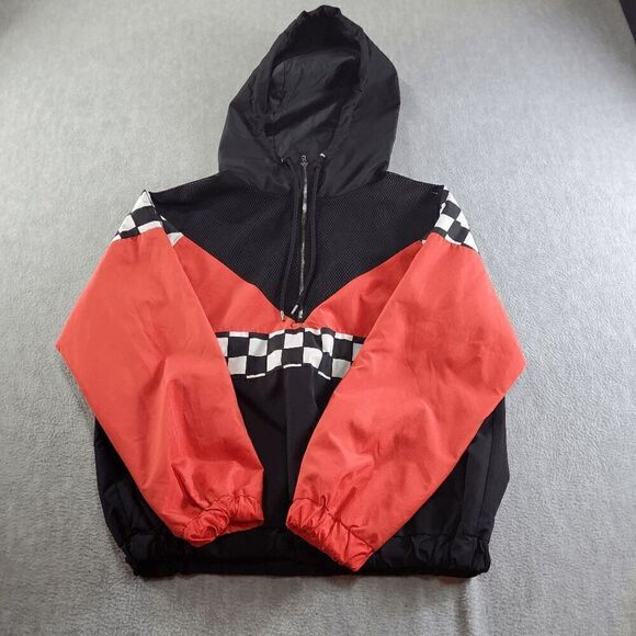 FOREVER 21 Jacket Womens Medium Black Red Check Mesh Windbreaker Hood 1/4 Zip - Picture 1 of 11